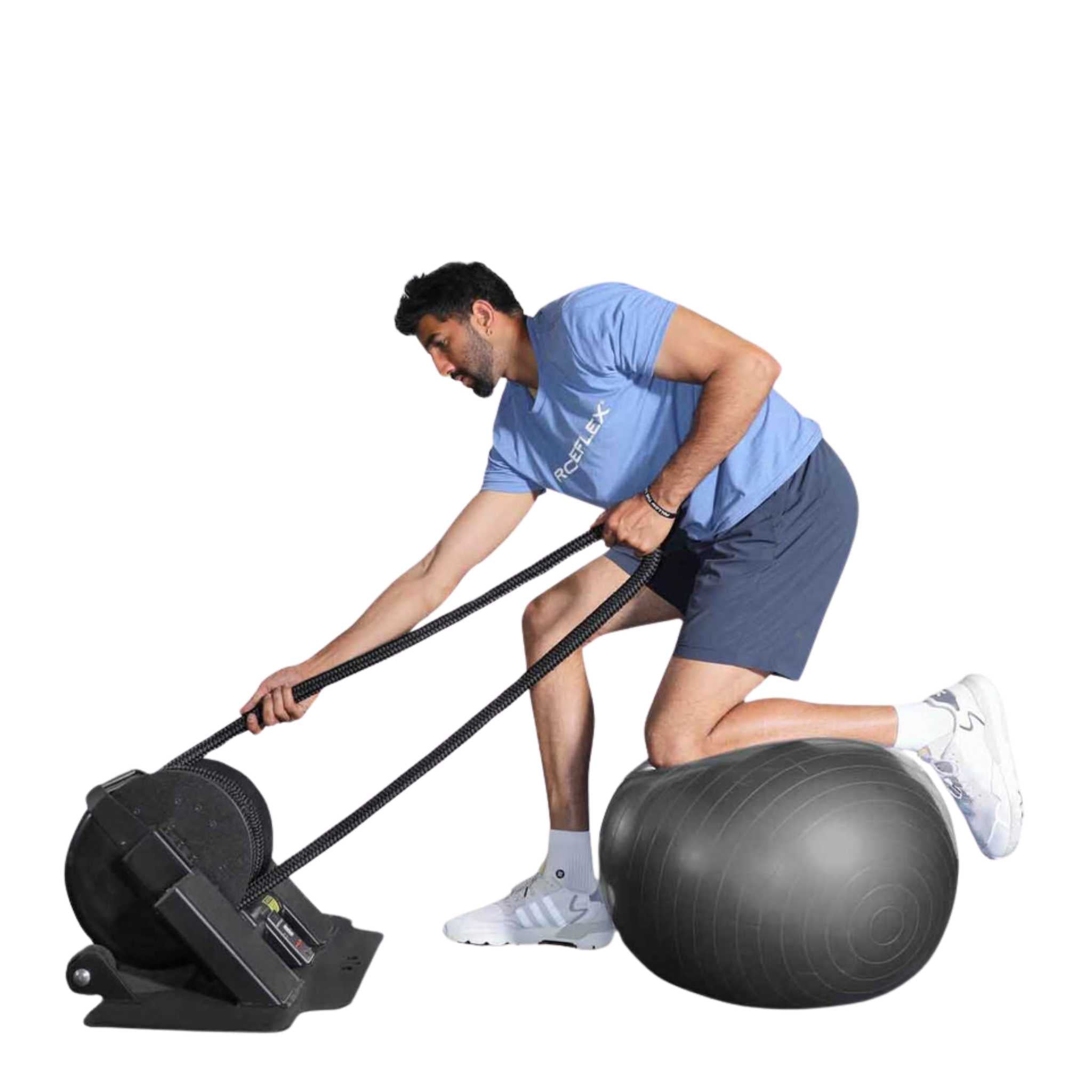 Ropeflex RX2000 OX Multi Mode Rope Trainer - Man on a gym ball while pulling rope