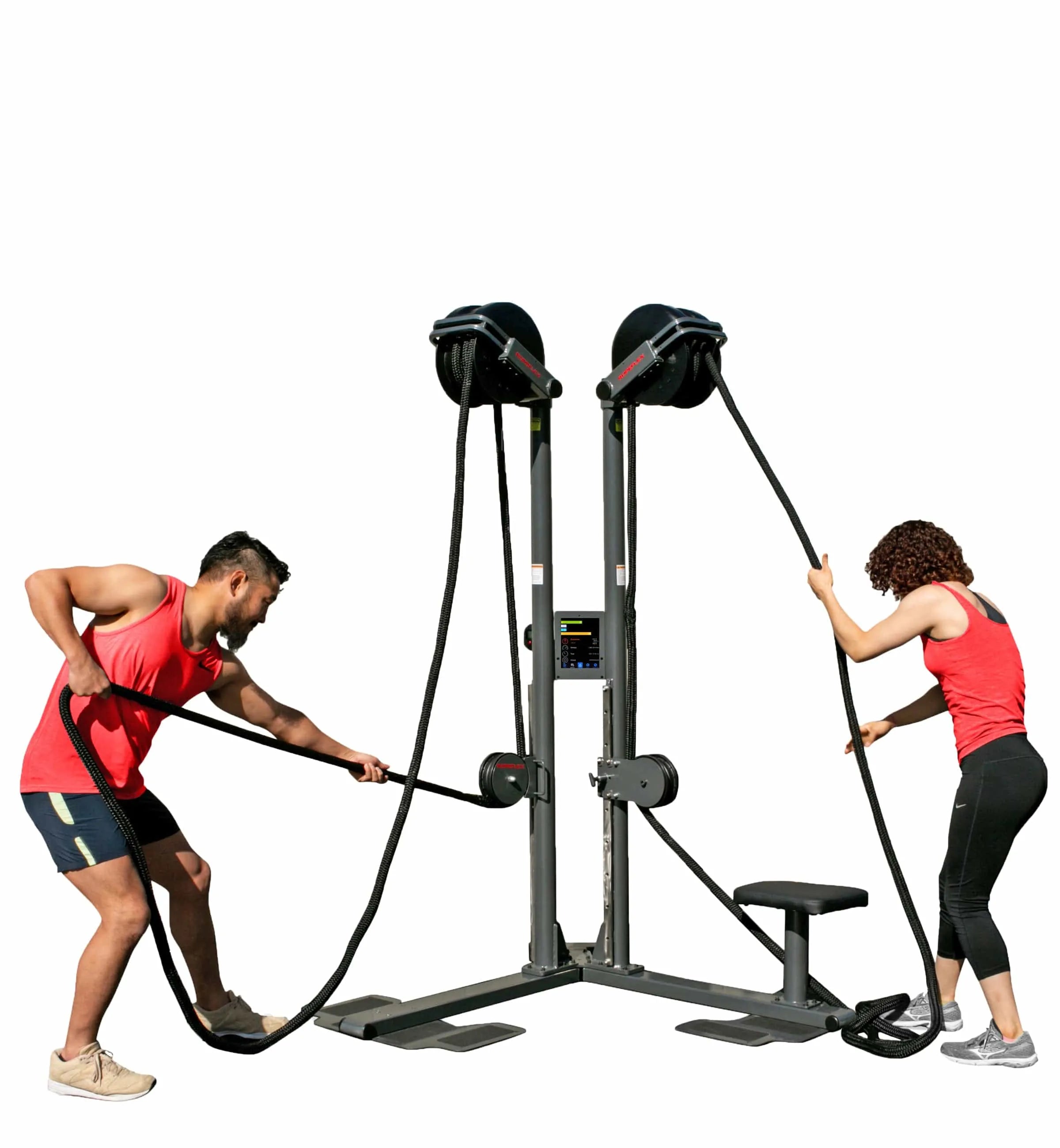 Ropeflex RX2500D Oryx Dual Station Rope Trainer - A man and a woman pulling a rope from an exercise machine