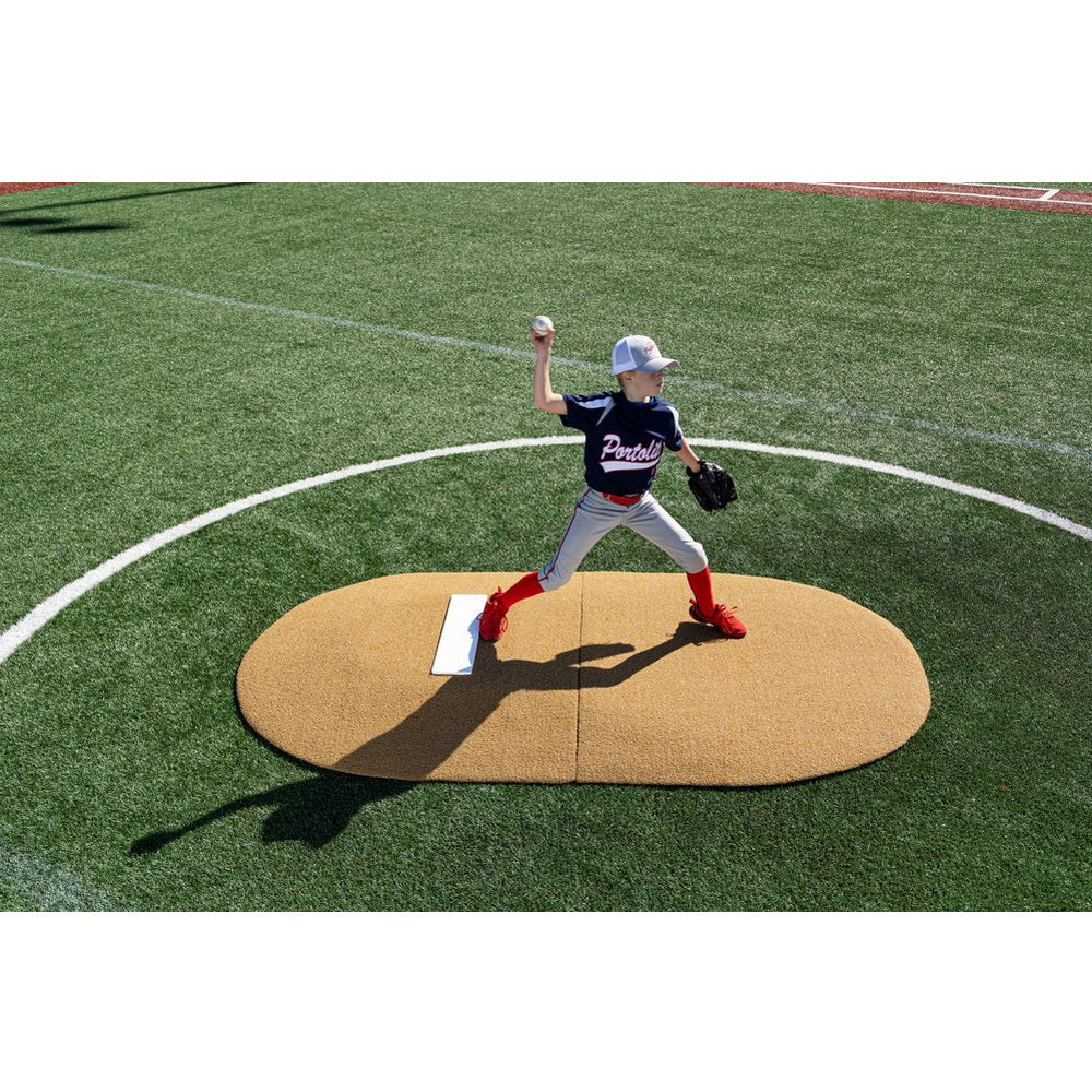 PortoLite 6" Stride Off Portable Youth Pitching Mound For Baseball 7363 - birds eye view of brown mound with boy pitching