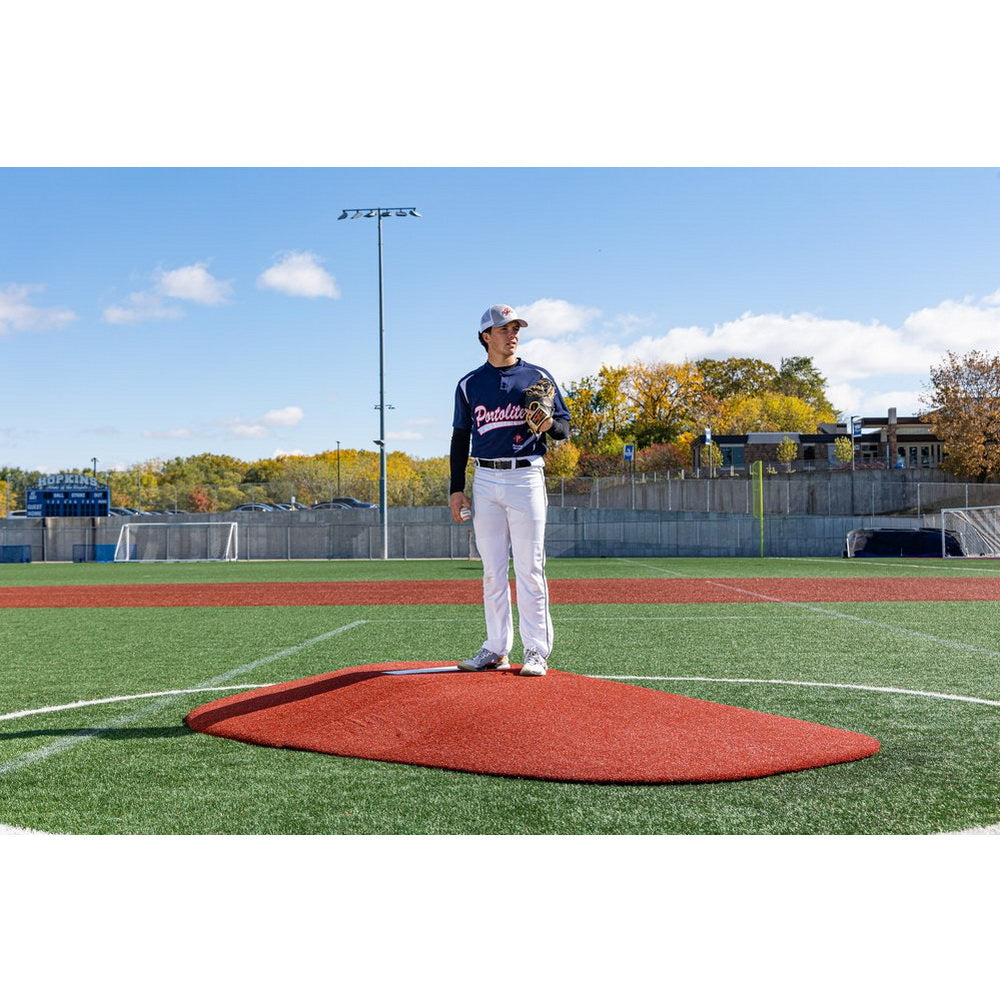 PortoLite 8" Two-Piece Baseball Portable Pitching Mound - man standing on red mound