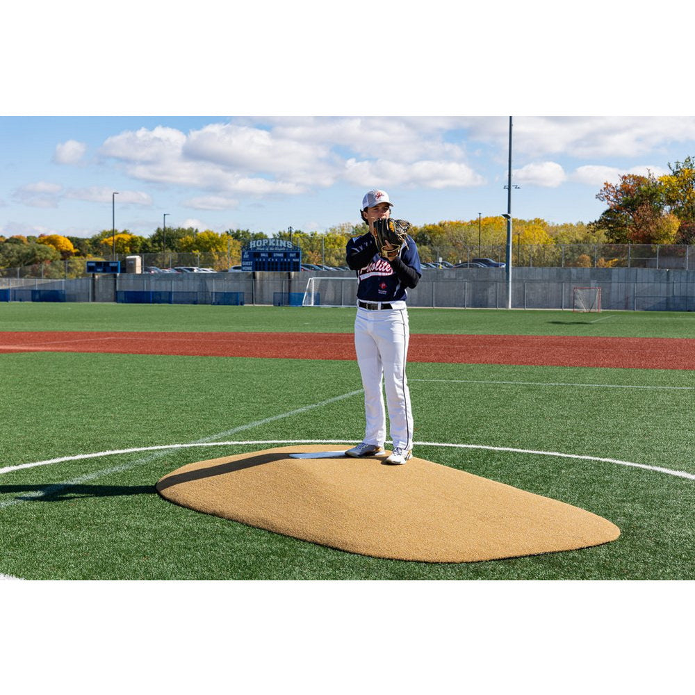 Portolite 10" One-Piece Baseball Game Mound - yellow mound with man standing to it 