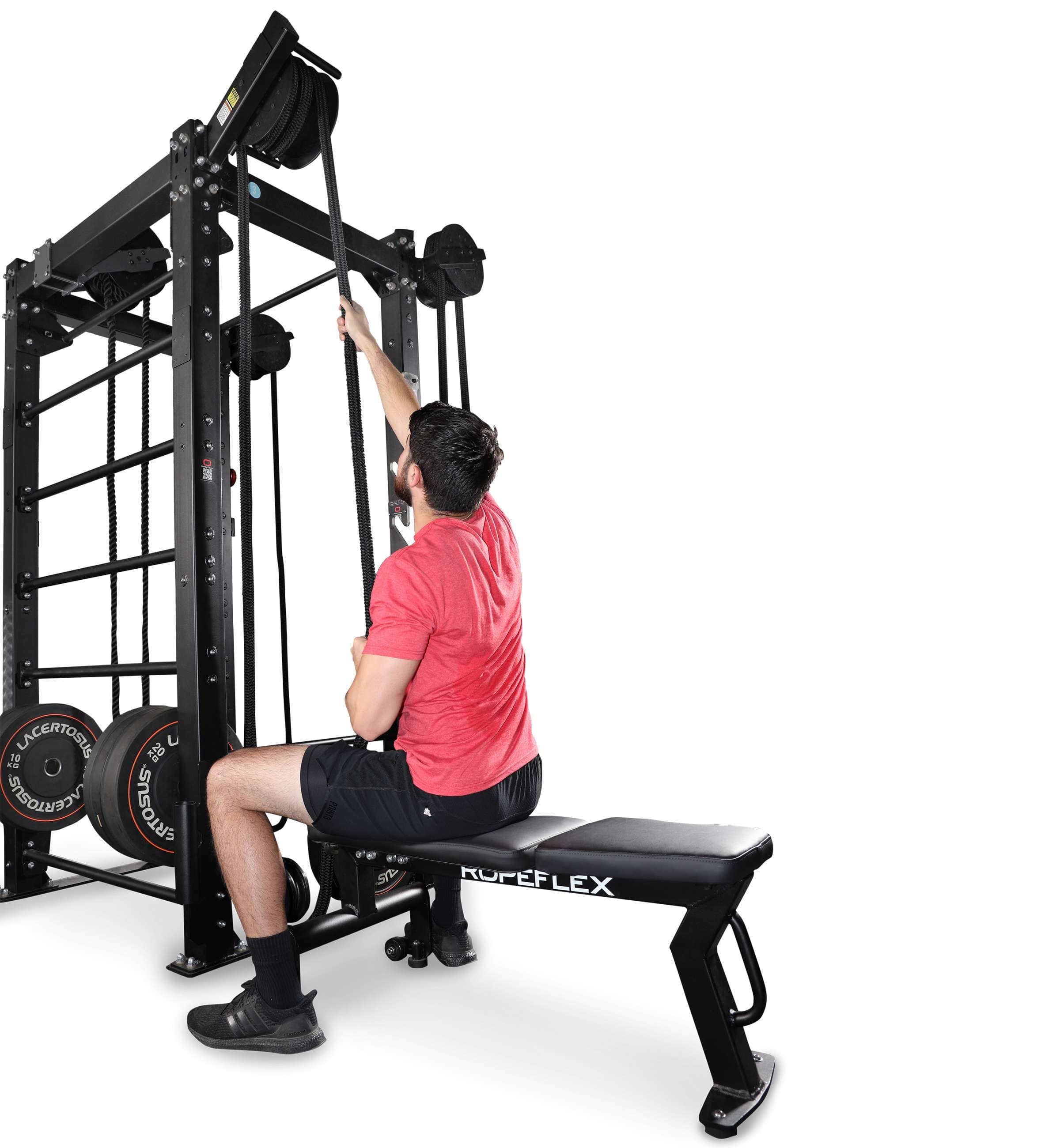 Ropeflex RX2100 OX2O Outdoor Rack Mount Rope Trainer - man on bench while pulling rope