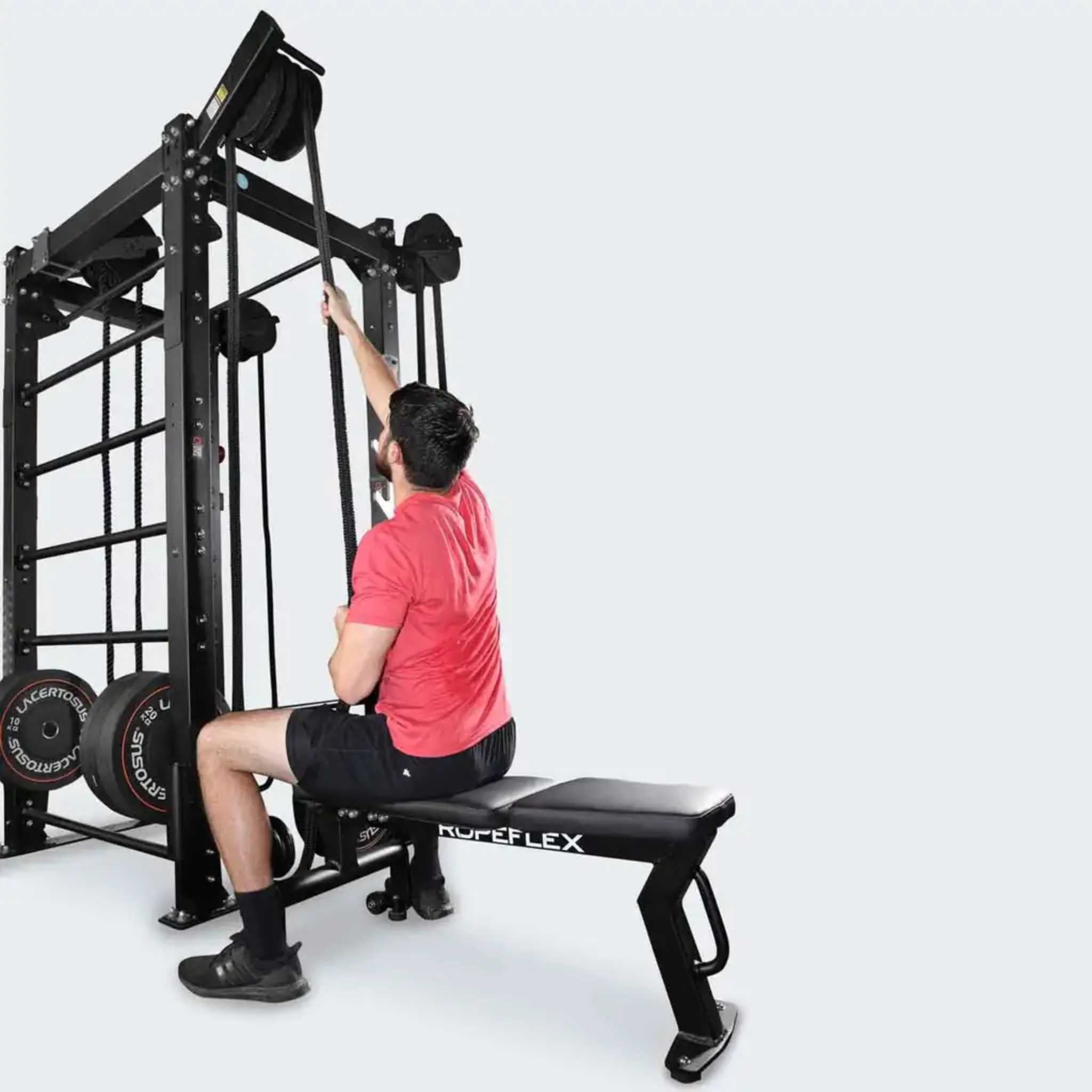 Ropeflex RX2100 Mountable Endless Rope Pull Machine - Man sitting on bench while pulling rope