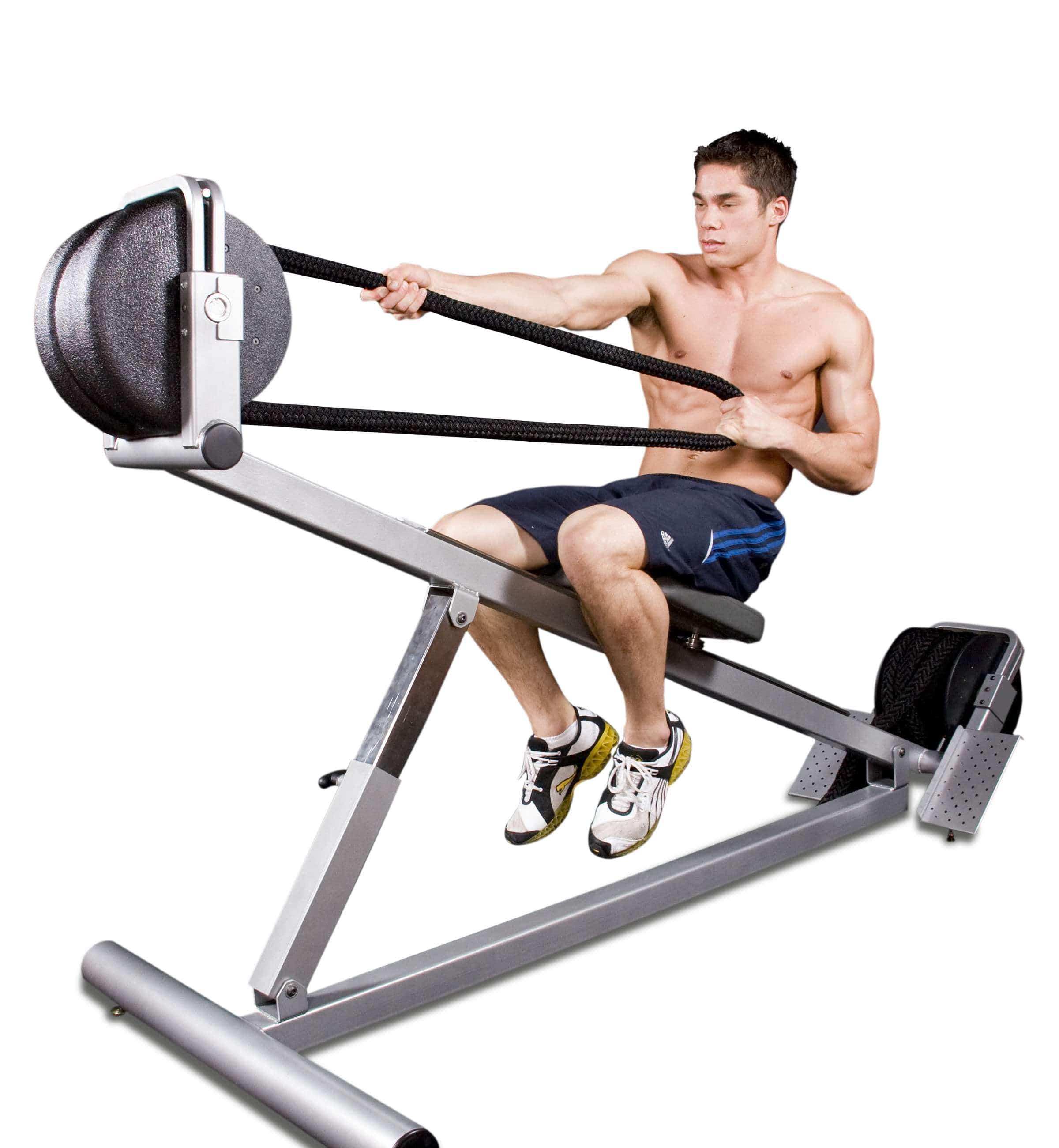 Ropeflex RX3300 VORTEX Dual Drum Incline Rope Trainer - A man pulls a rope from a fitness equipment while sitting in an inclined angle