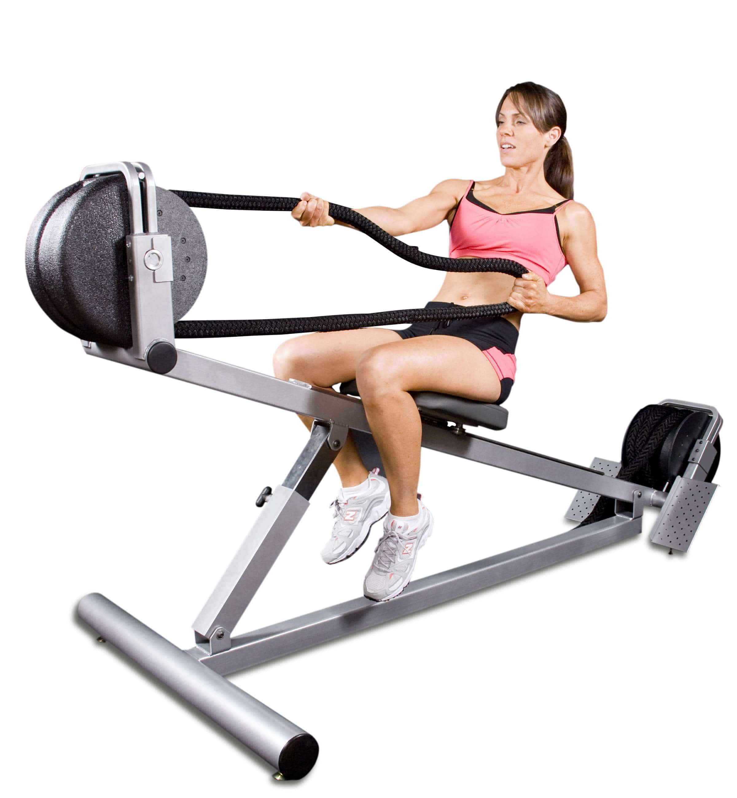 Ropeflex RX3300 VORTEX Dual Drum Incline Rope Trainer - A woman sitting in an inclined position while pulling a rope from a fitness machine