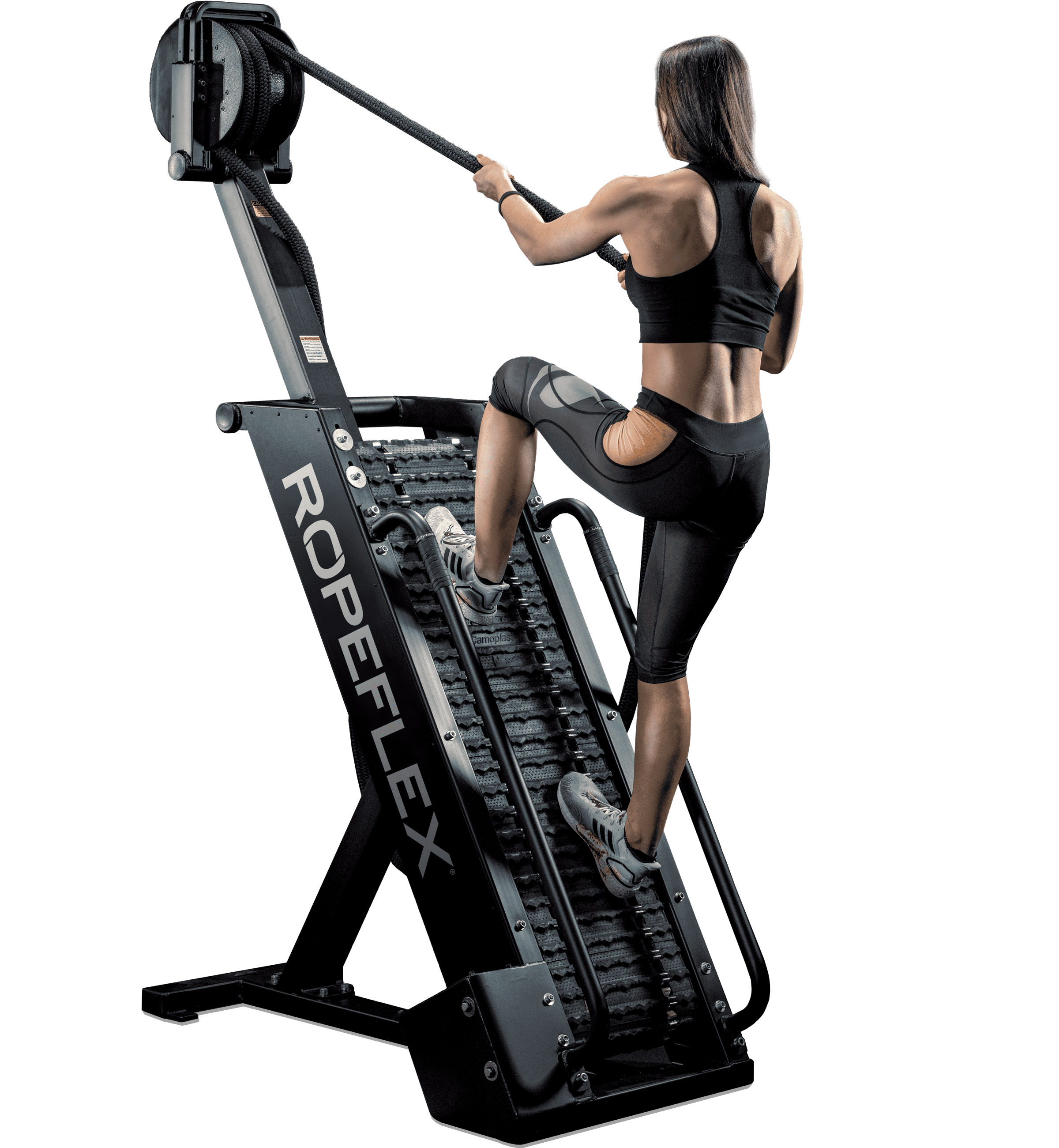 Ropeflex RX4400 APEX Tread Climbing Rope Trainer - A woman in a black gym attire is climbing a fitness machine while pulling a rope