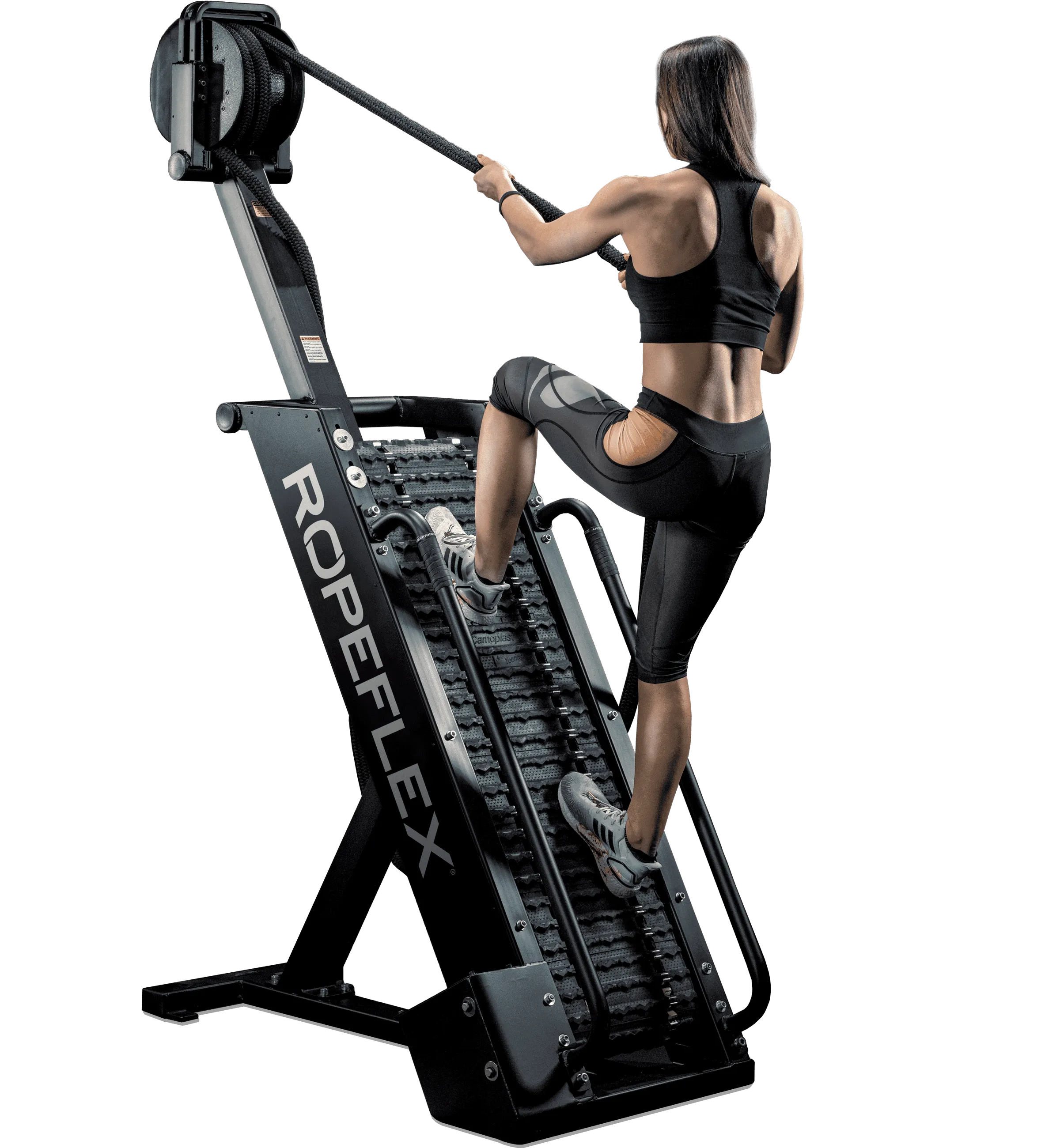 Ropeflex RX4400 APEX Tread Climbing Rope Trainer - A woman in a black gym attire is climbing a fitness machine while pulling a rope