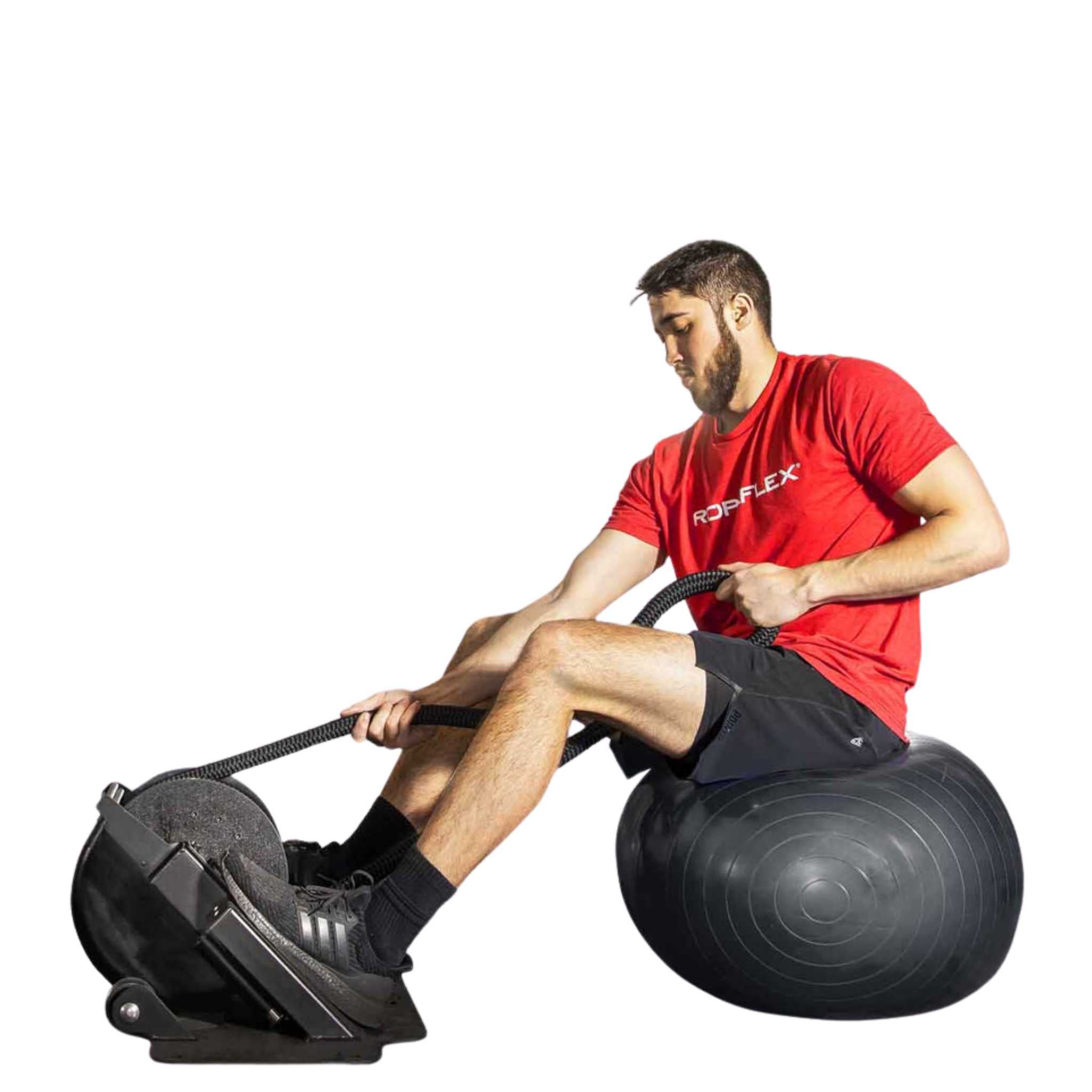 Ropeflex RX2000 OX Multi Mode Rope Trainer - Man sitting on a gym ball while pulling rope