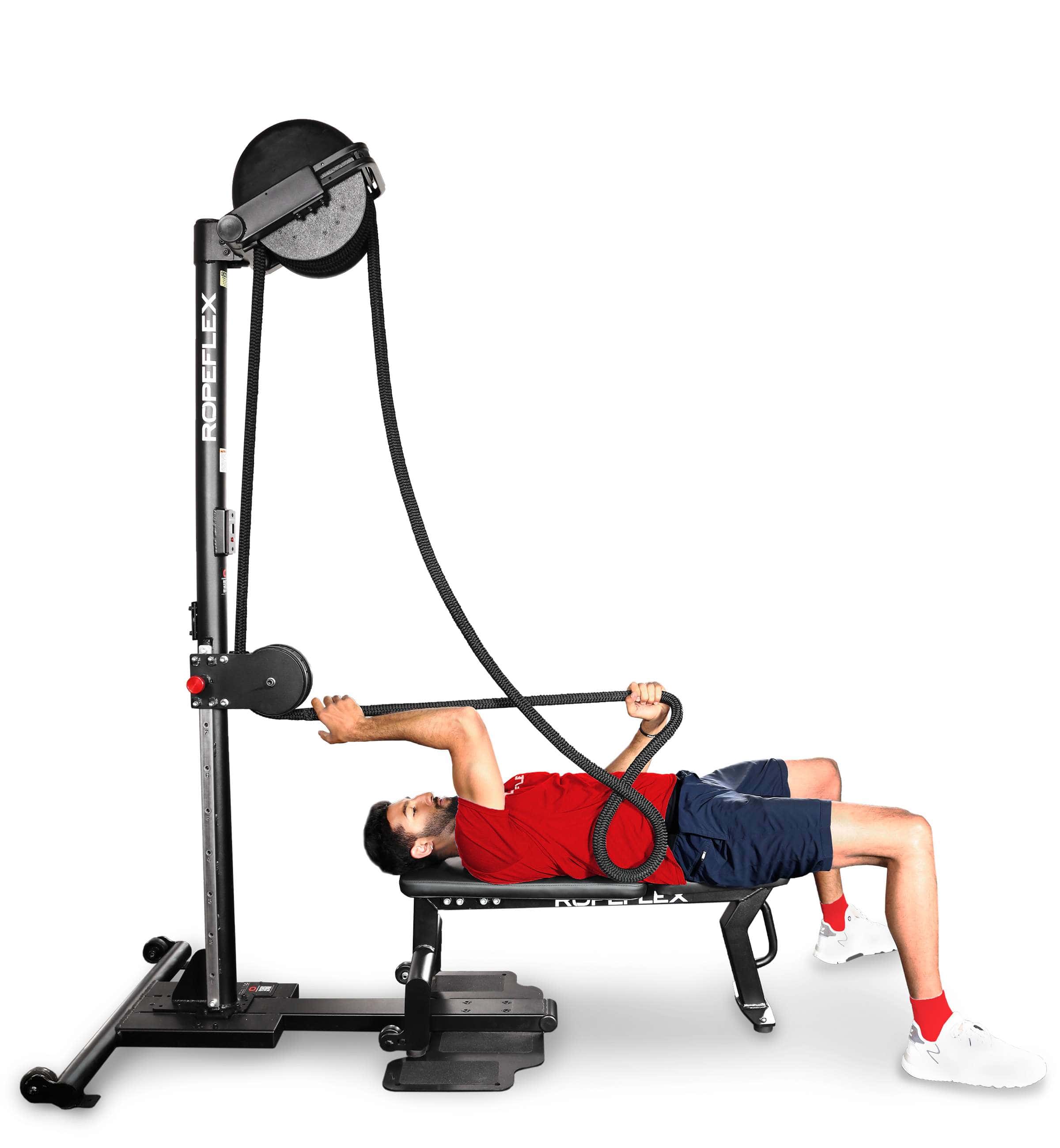 Ropeflex RX2500 ORYX Multi Mode Rope Trainer - man laying down on bench while pulling rope