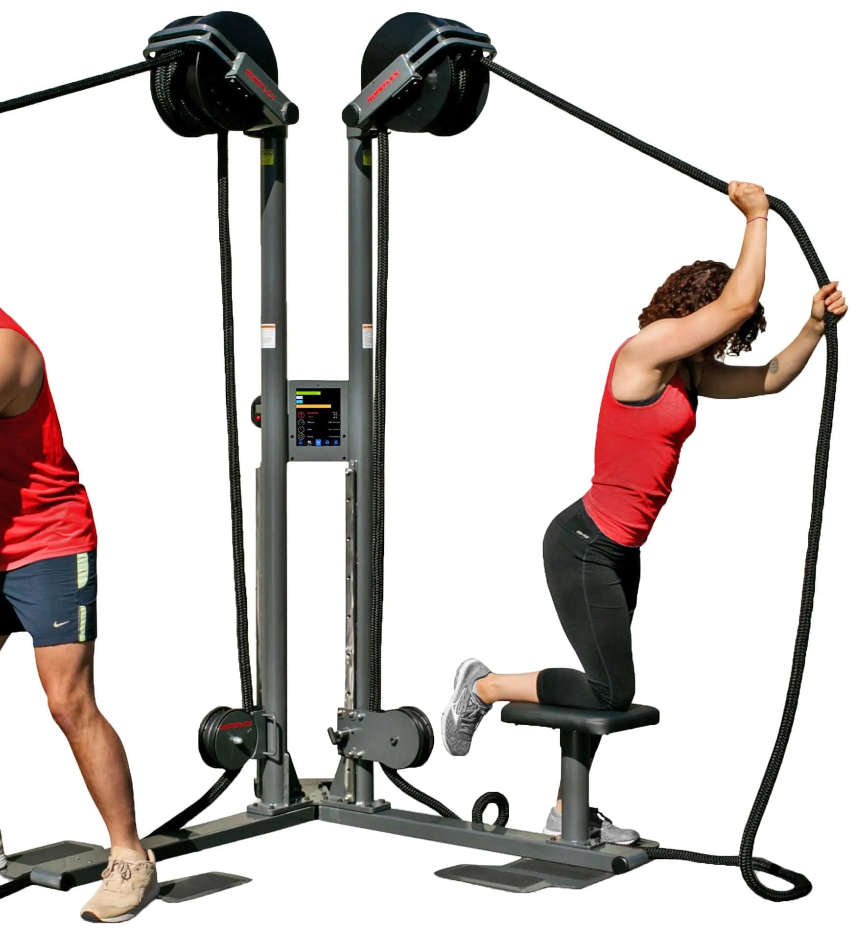 Ropeflex RX2500D Oryx Dual Station Rope Trainer - Woman pulling a rope from a machine