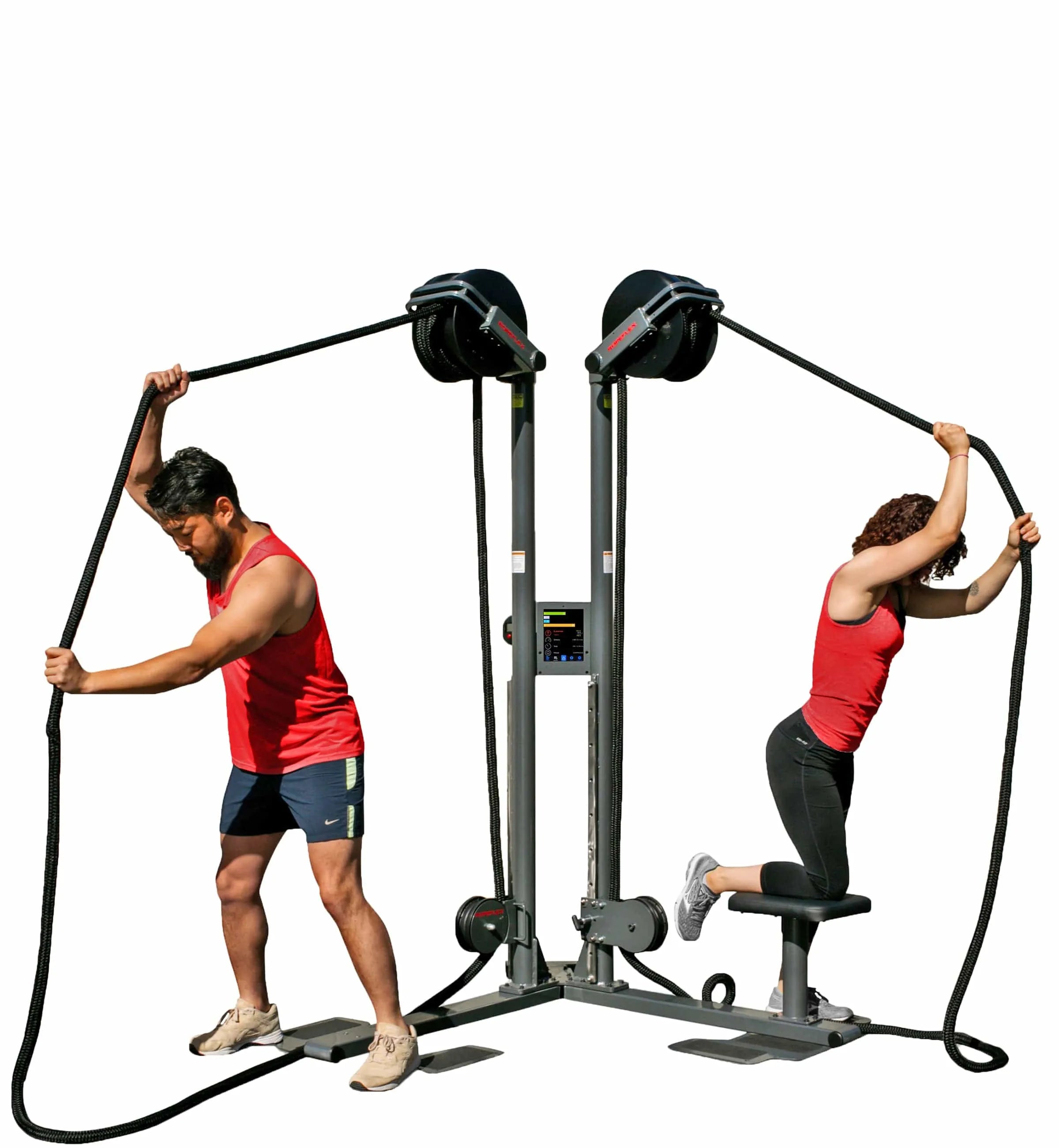 Ropeflex RX2500D Oryx Dual Station Rope Trainer - Two people performing workouts on an exercise machine