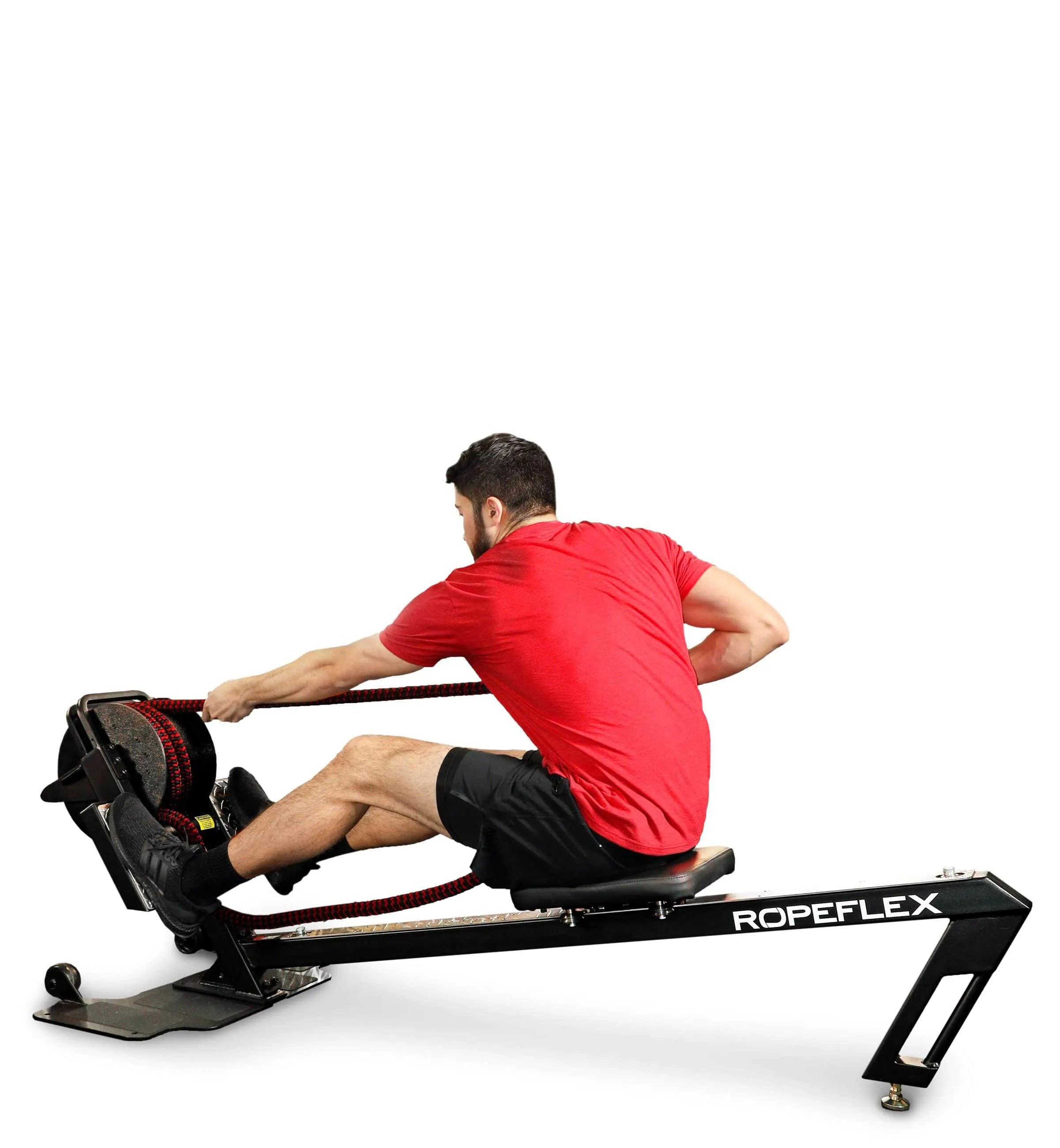 Ropeflex RX3200 ADDAX Rowing Rope Trainer - A man wearing a red shirt is sitting on a machine while trying to pull a rope