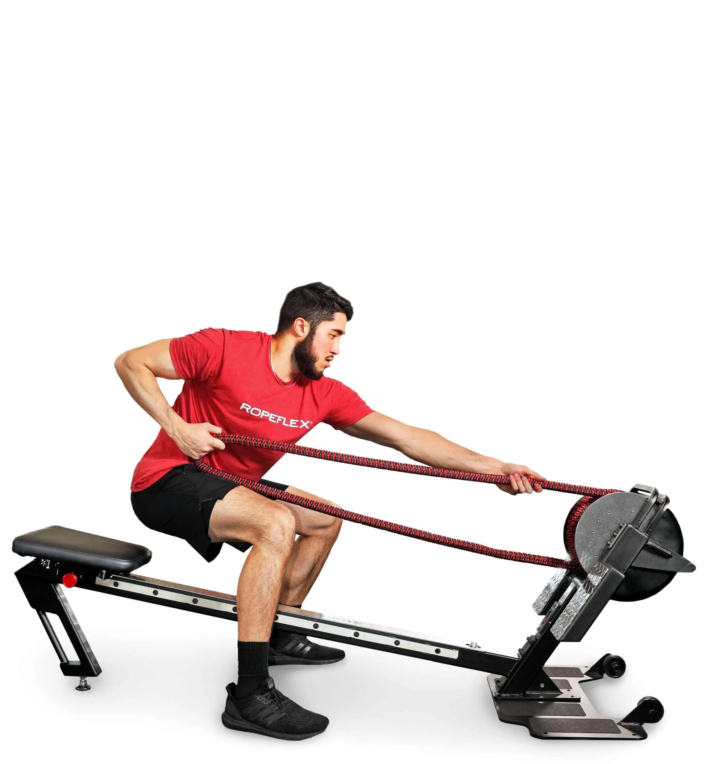Ropeflex RX3200 ADDAX Rowing Rope Trainer - A man in a squat position is pulling a rope from a fitness machine