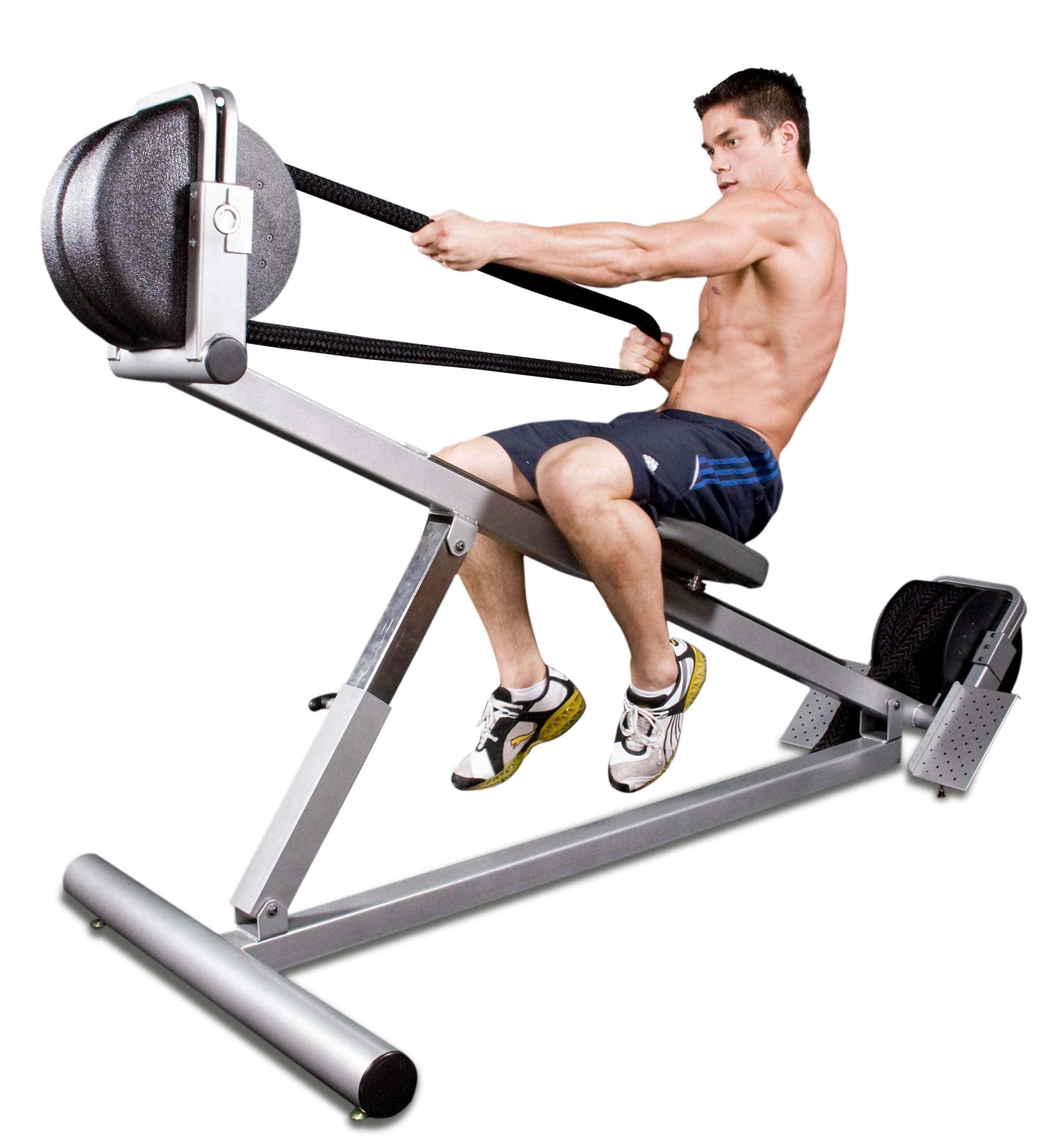 Ropeflex RX3300 VORTEX Dual Drum Incline Rope Trainer - A man sitting in an inclined position while pulling a rope from a gym equipment