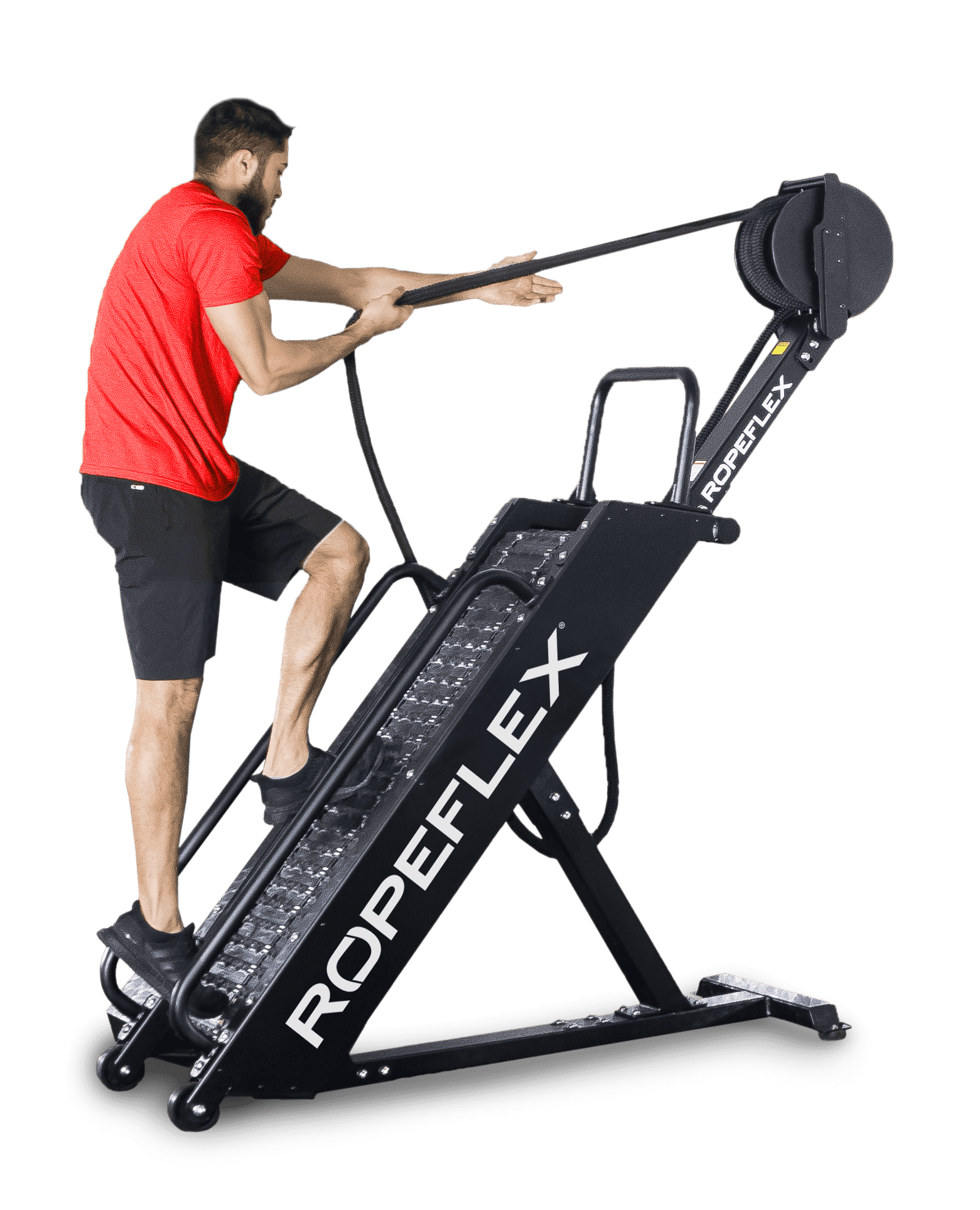 Ropeflex RX4400 APEX Tread Climbing Rope Trainer - A man standing on a fitness machine while pulling a rope