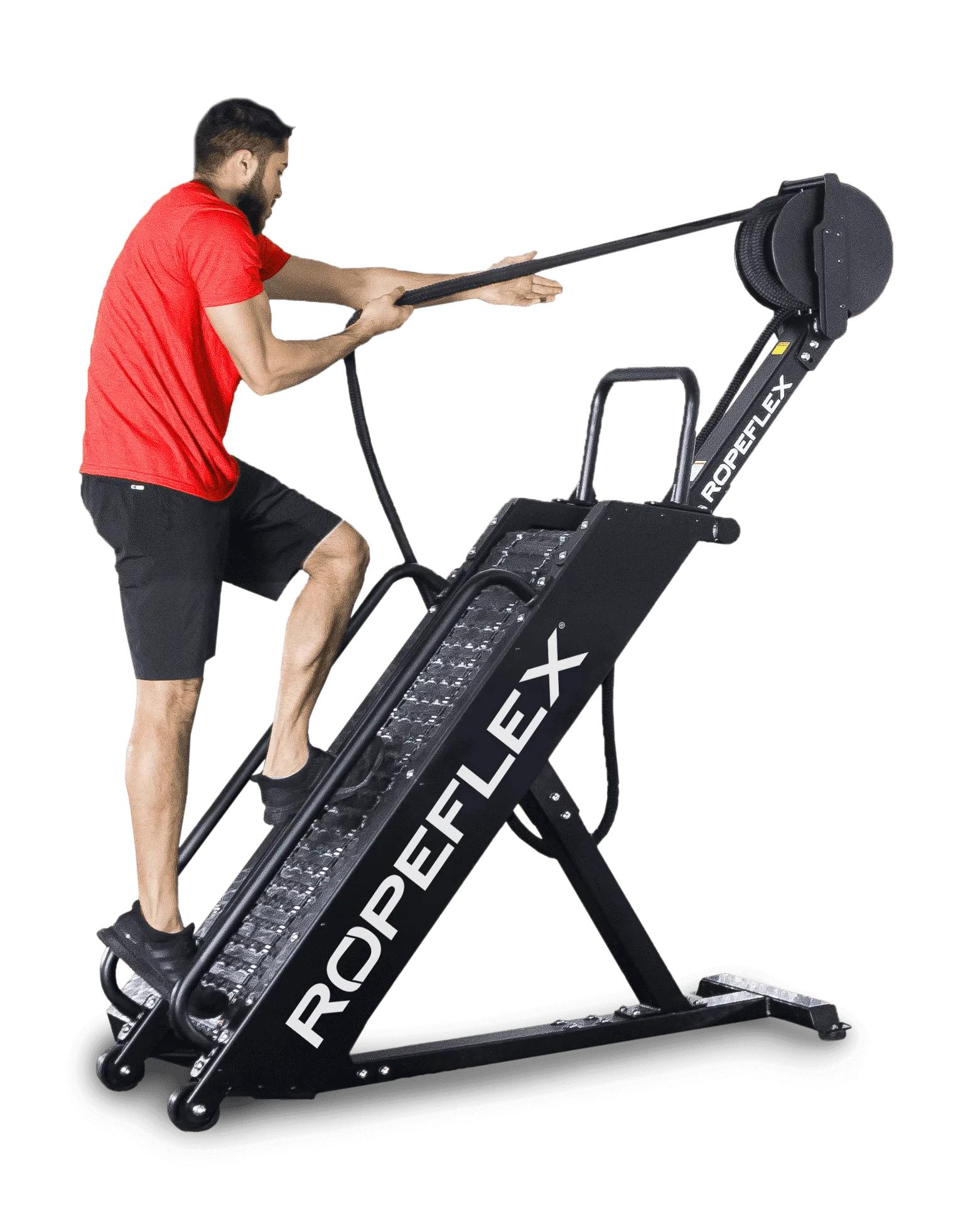 Ropeflex RX4400 APEX Tread Climbing Rope Trainer - A man standing on a fitness machine while pulling a rope