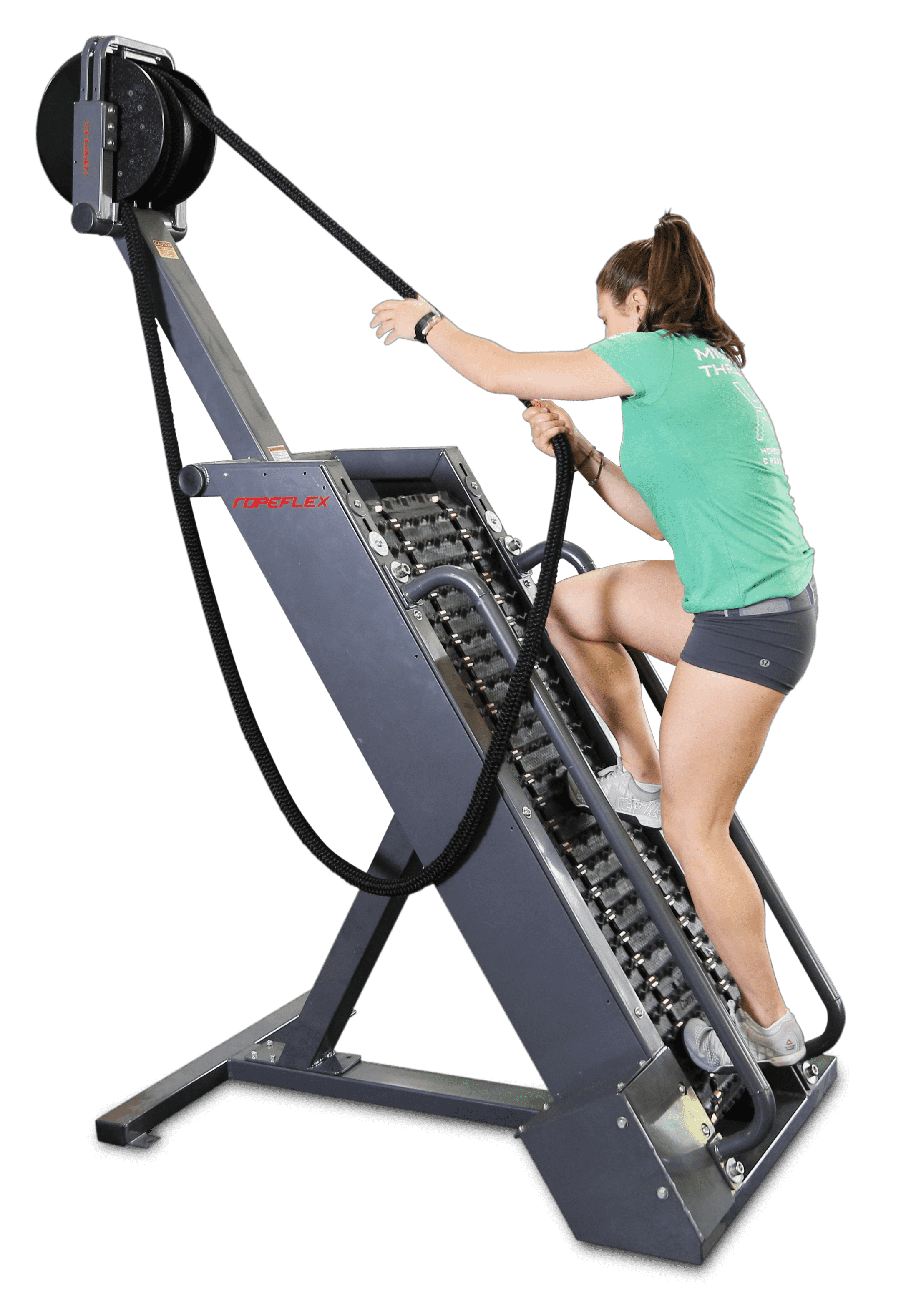 Ropeflex RX4400 APEX Tread Climbing Rope Trainer - A woman in a green shirt is climbing a gym equipment