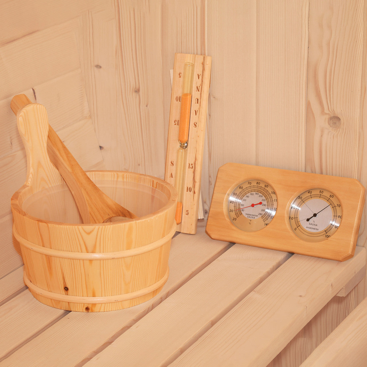 Outdoor Rustic Cedar Barrel Steam Sauna - Bucket, Laddle , Thermometer and hourglass sauna photo