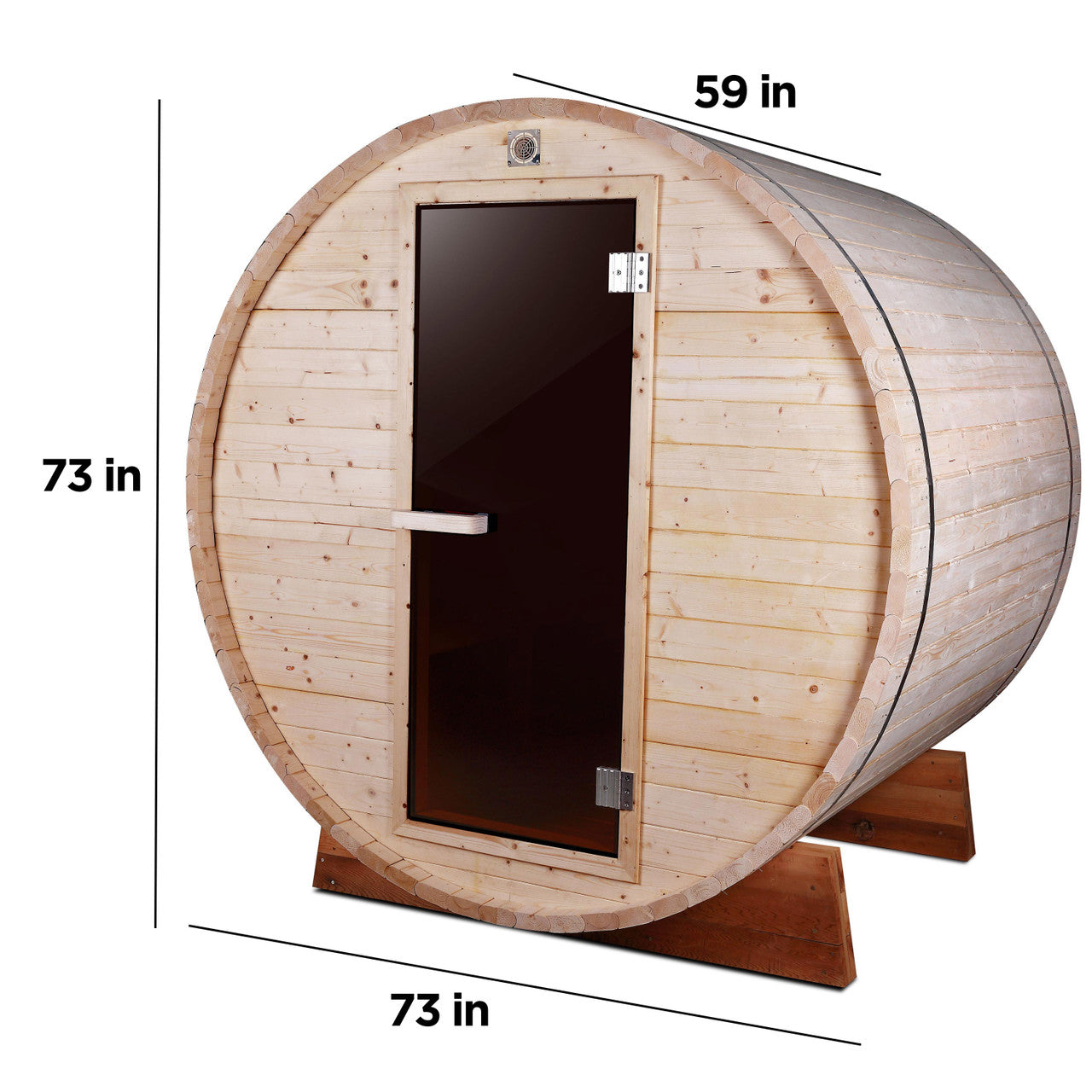 Outdoor and Indoor White Pine Barrel Sauna - 3-4 Person - 4.5 kW UL Certified Heater - Bitumen Shingle Roofing - Barrel dimensions