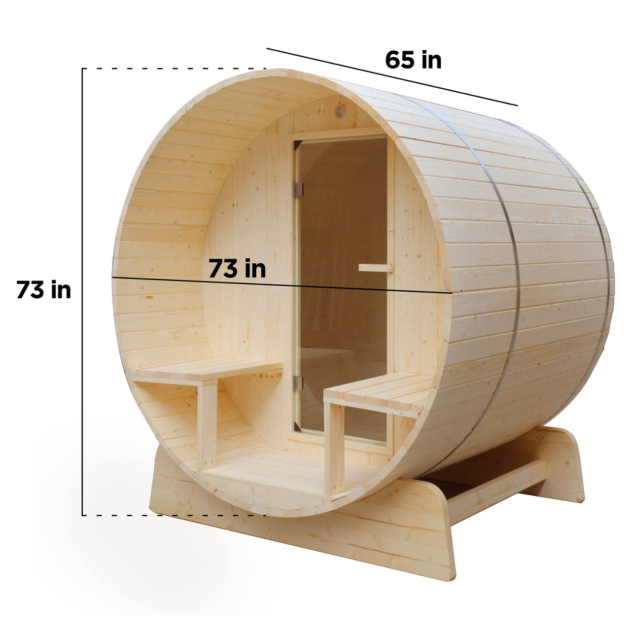 Outdoor or Indoor White Finland Pine Wet Dry Barrel Sauna - 3-5 Person - Front Porch Canopy - side view sauna with measurement of each sides. 