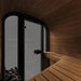 SaunaLife Model CL3G Cube-Series Outdoor Home Sauna Kit - View from inside a wooden sauna with a glass door