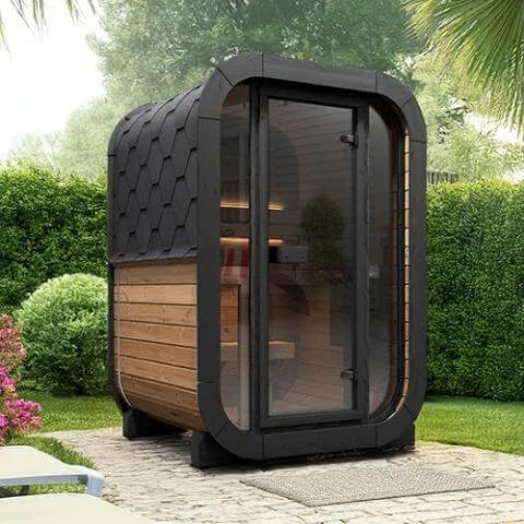 SaunaLife Model CL3G Cube-Series Outdoor Home Sauna Kit - Set up outdoor with greenery on the background