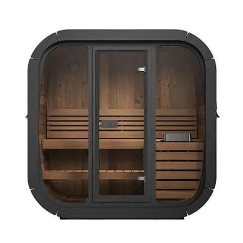 SaunaLife Model CL4G Outdoor Home Sauna - A square sauna with a glass door on a white background
