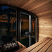 SaunaLife Model CL4G Outdoor Home Sauna - Warm wooden interior of a sauna looking out 