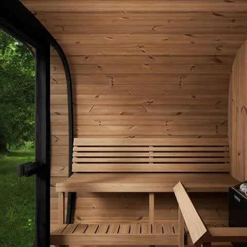 SaunaLife Model CL7G Outdoor Home Sauna - interior view of wooden sauna