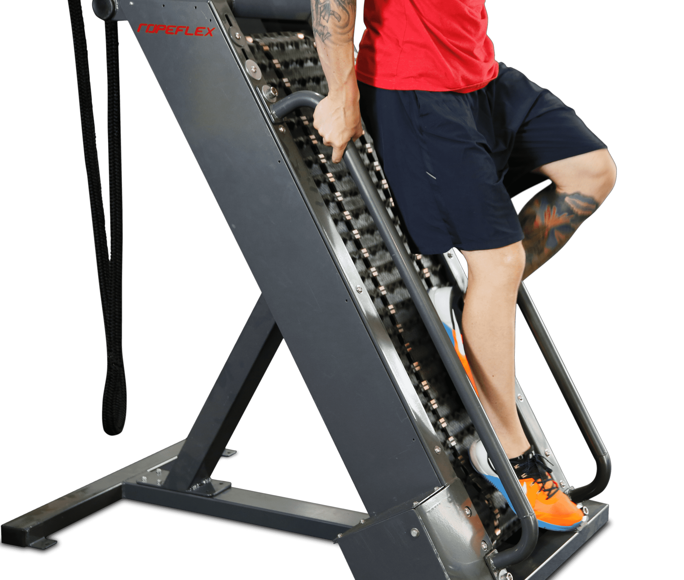 Ropeflex RX4400 APEX Tread Climbing Rope Trainer - An individual is getting down of a fitness machine