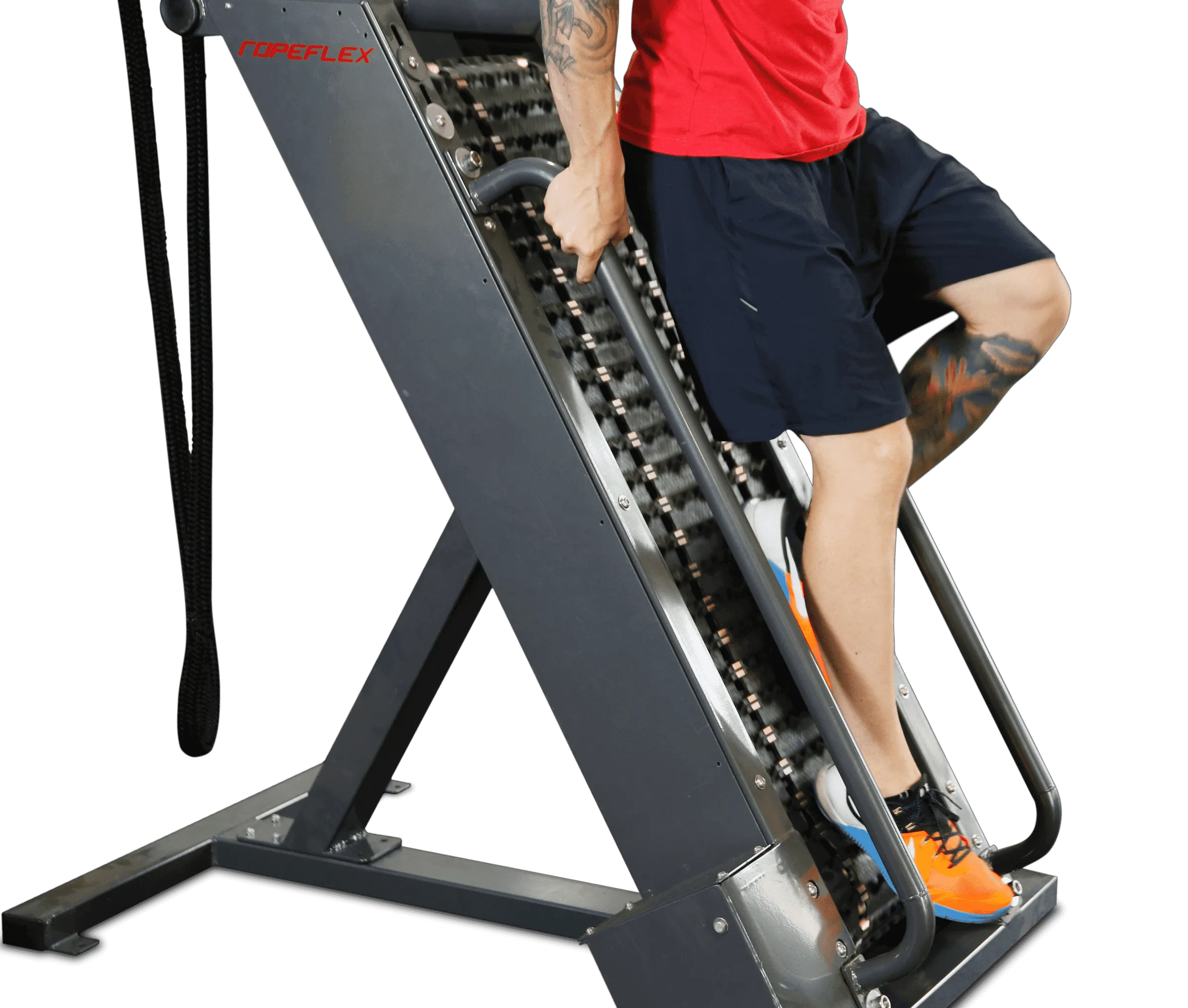 Ropeflex RX4400 APEX Tread Climbing Rope Trainer - An individual is getting down of a fitness machine