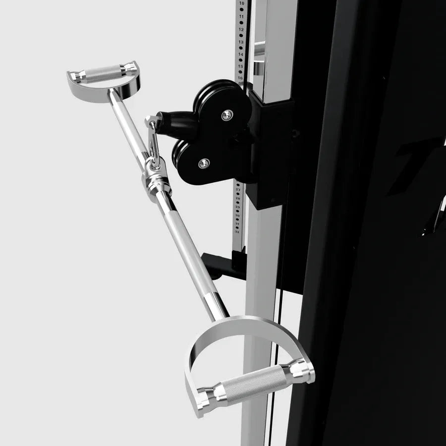 TROY 34” Straight Pro Style Lat Bar - attached to a black metal 