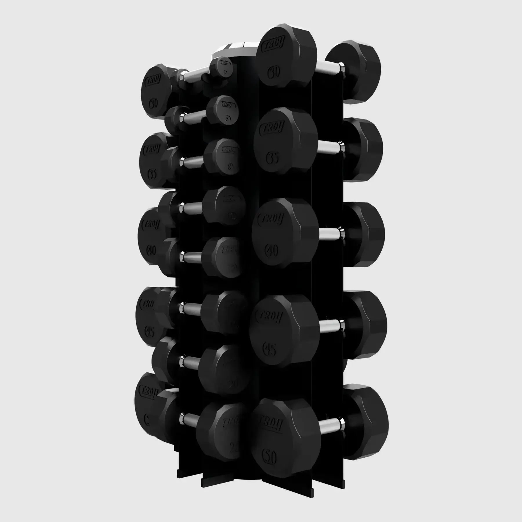 TROY 12 Sided Rubber Encased Dumbbell Set with Vertical Storage Rack - VERTPAC-TSDR50G