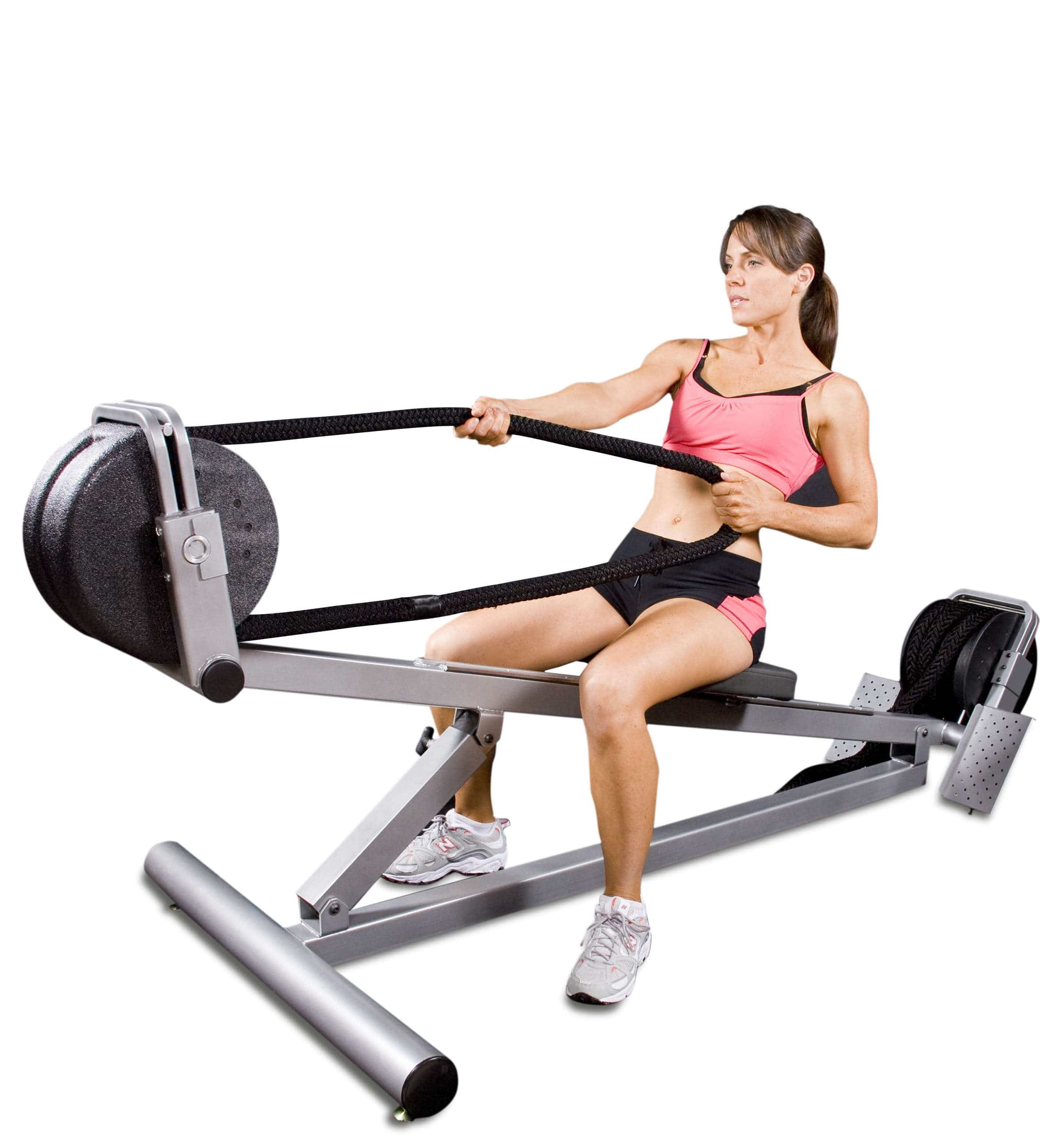 Ropeflex RX3300 VORTEX Dual Drum Incline Rope Trainer - A woman pulling a rope from a gym machine while in a sitting position