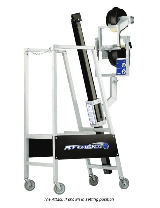 Attack II Volleyball Pitching Machine by Sports Attack - machine with metal bars and wheels on its base