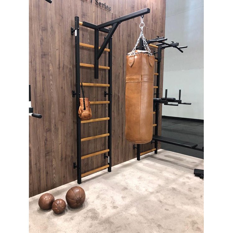 BenchK Punching Bag Holder - Actual product photo with attached brown punching bag