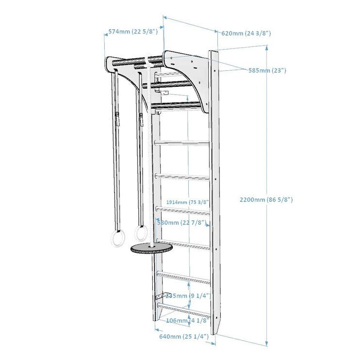 BenchK Series 1 111 + A204 Wooden Wall Bars For Kids Room - Diagram with measurements and sizes