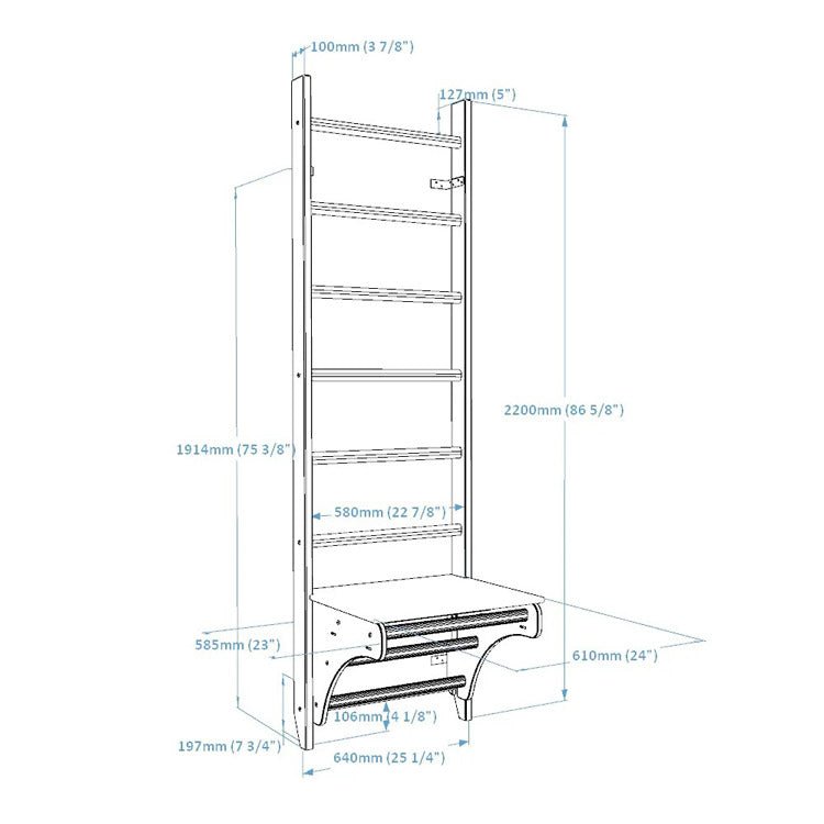 BenchK Series 1 112 Wall Bars with Desk - Diagram with size and measurements