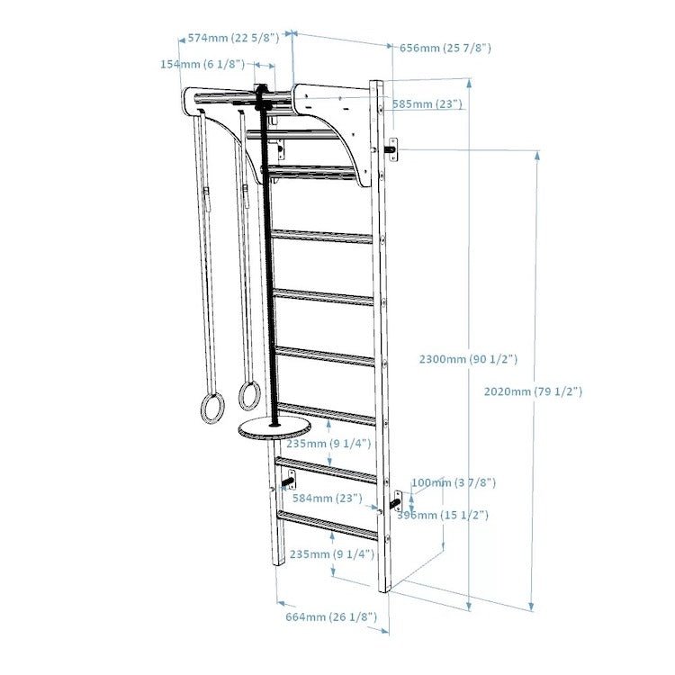 BenchK Series 2 211 + A076 Swedish Ladder for Kids With Gymnastic Accessories - diagram with size and measurements