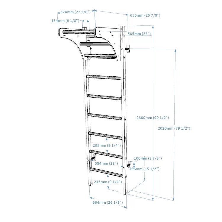 BenchK Series 2 211 Wallbars - Diagram with measurement and sizes of the product