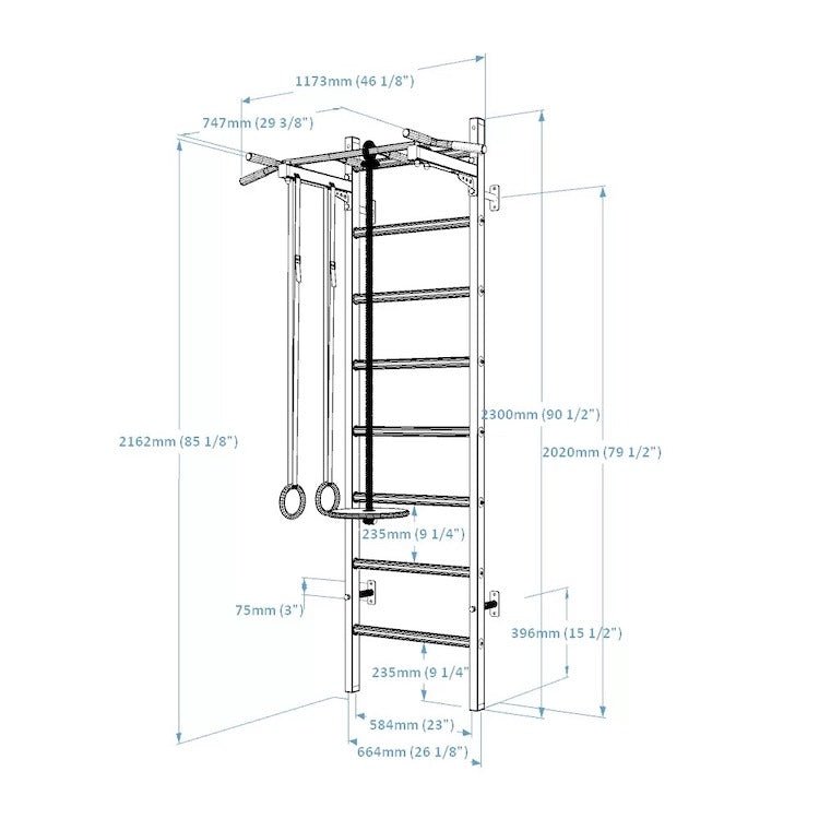 BenchK Series 2 221 + A076 Wallbars - Diagram with measurements and sizes