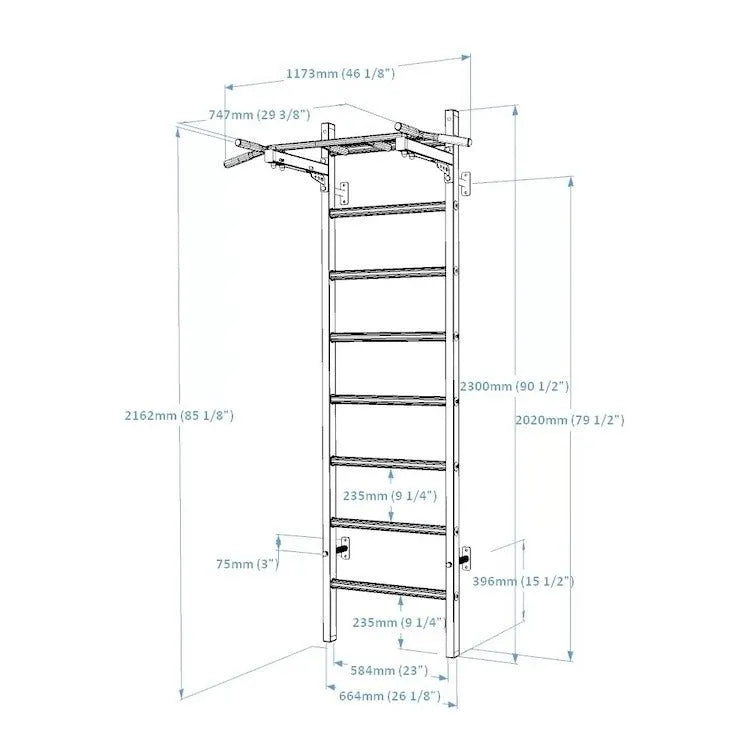 BenchK Series 2 221 Wallbars - diagram with measurements and sizes