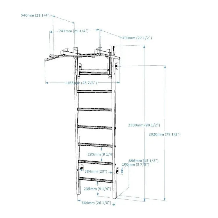 BenchK Series 2 231 Wall Bars - Diagram with size and measurements