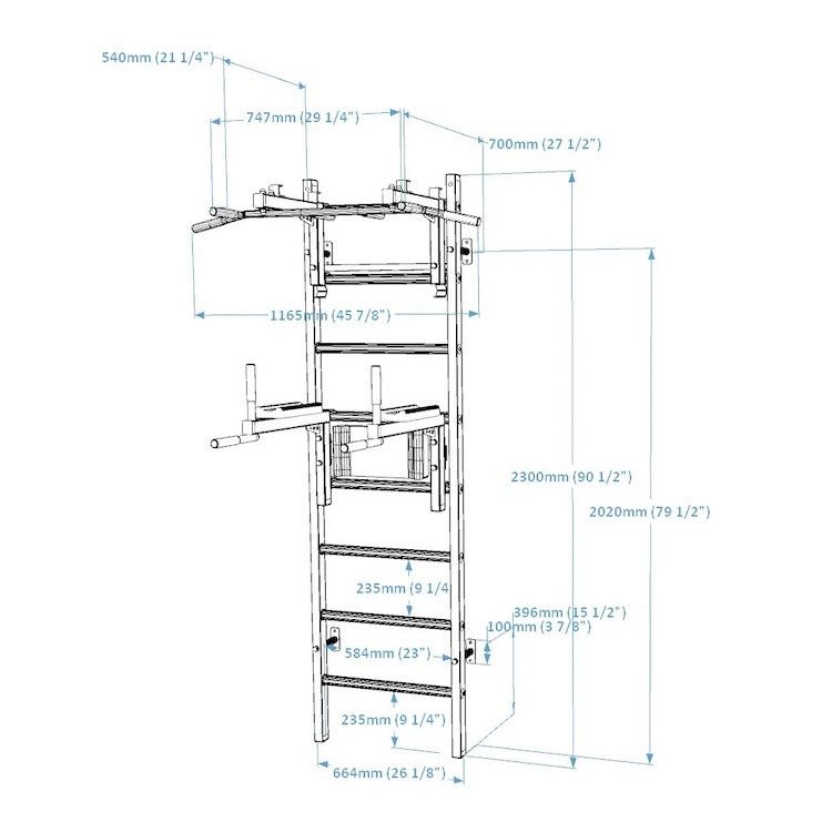 BenchK Series 2 232 Wall Bars - Diagram with sizes and measurements