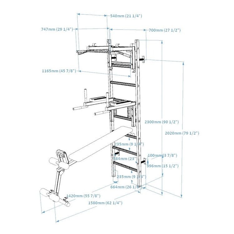 BenchK Series 2 233 Wall Bars - Diagram with sizes and measurements