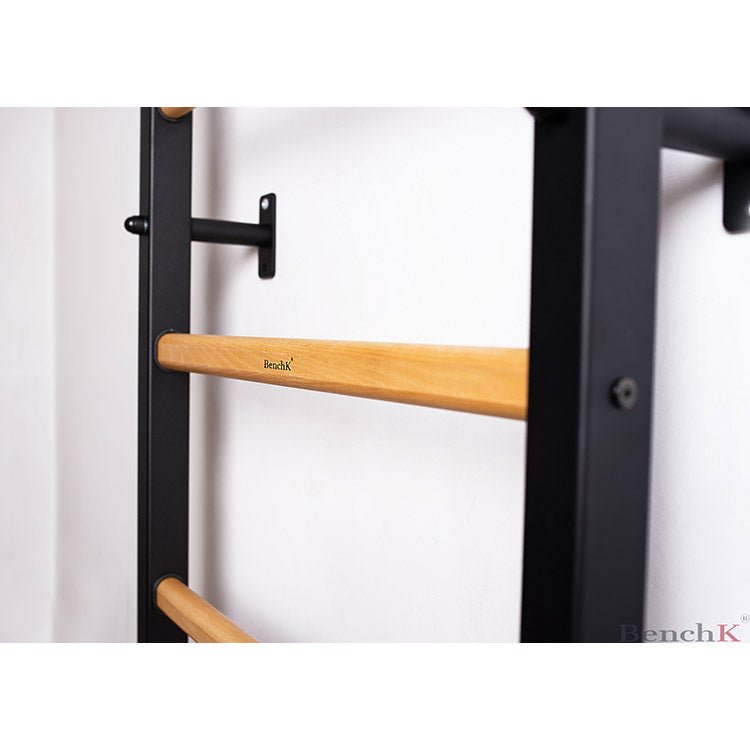 BenchK Series 2 Kids 212B+A076 Wall Bars -  close up photo of wall bar with black steel and a bar with benchk logo