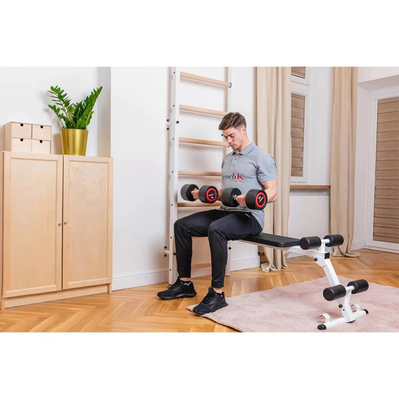 Benchk Stall Bar 723B - Man holding up dumbbells working out while sitting on bench