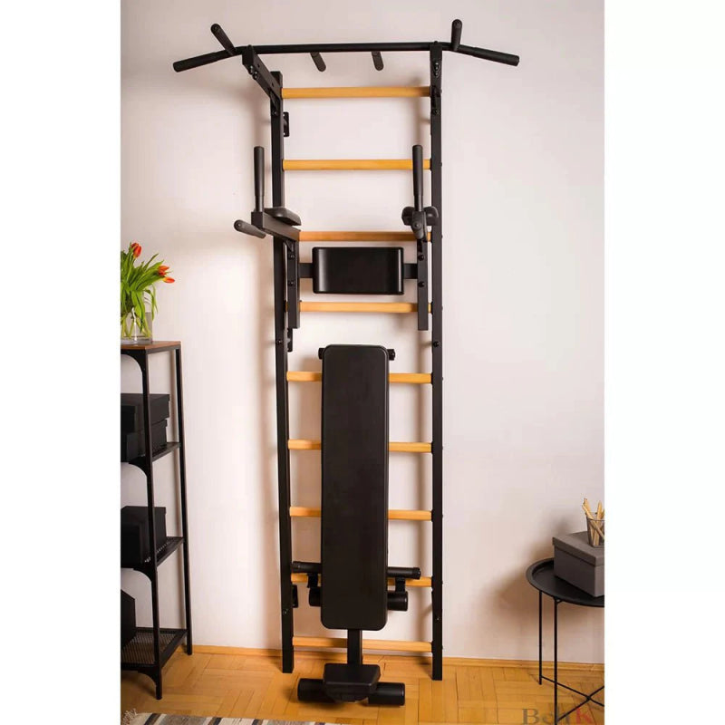 Benchk Stall Bar 723B - in black with dips and bench attached