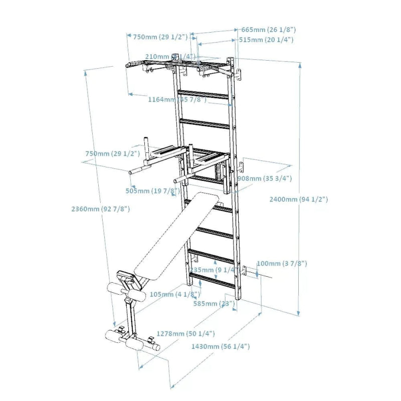 Benchk Stall Bar 723B - Diagram with measurement and sizes