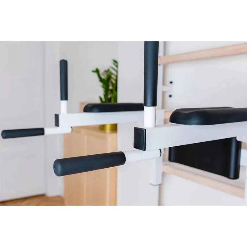 BenchK Stall Bar With Pull-up Bar and Dip Station 722B - handles in white steel and black cushioned